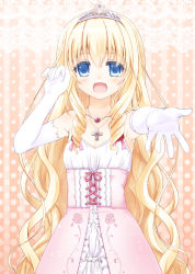 Rule 34 | 10s, 1girl, amagi brilliant park, blonde hair, blue eyes, blush, cross, cross necklace, crown, elbow gloves, gloves, jewelry, kurose yuuki, latifa fleuranza, long hair, necklace, open mouth, outstretched hand, solo, white gloves