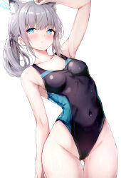 Rule 34 | 1girl, absurdres, animal ears, blue archive, blue eyes, blush, braid, breasts, collarbone, competition swimsuit, covered navel, extra ears, halo, highleg, highleg swimsuit, highres, littlehobby, long hair, medium breasts, official alternate costume, one-piece swimsuit, parted lips, shiroko (blue archive), shiroko (swimsuit) (blue archive), simple background, solo, swimsuit, white background, wolf ears
