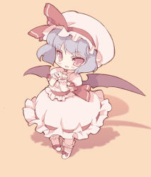 Rule 34 | 1girl, bad id, bad pixiv id, bat wings, blade (galaxist), blue hair, female focus, from above, full body, hands on own chest, hat, light purple hair, mob cap, orange background, red eyes, remilia scarlet, ribbon-trimmed skirt, ribbon trim, short hair, simple background, solo, standing, touhou, wings