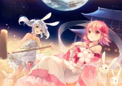 2girls animal_ears bare_shoulders braid rabbit rabbit_ears collarbone dress earth_(planet) flower hair_flower hair_ornament highres long_hair mallet multiple_girls night pink_hair sergestid_shrimp sergestid_shrimp_in_tungkang shinia silver_hair sundress white_dress