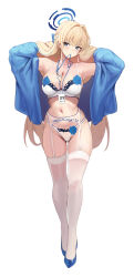 Rule 34 | 1girl, absurdres, adjusting hair, arms up, bare shoulders, between breasts, blonde hair, blue archive, blue eyes, blue flower, blue footwear, blue halo, blue jacket, blue rose, blush, bra, breasts, cleavage, commentary request, floral print, flower, full body, garter belt, garter straps, gluteal fold, hair intakes, halo, high heels, highres, id card, jacket, korean commentary, large breasts, long hair, lucifer liyen, midriff, mouth hold, navel, open clothes, open jacket, rose, rose print, shiny skin, skindentation, solo, standing, stomach, thighhighs, toki (blue archive), underwear, very long hair, white bra, white thighhighs