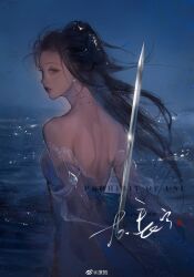 Rule 34 | 1girl, backless dress, backless outfit, bare shoulders, black hair, blue eyes, blue sky, closed mouth, dark, detached sleeves, dress, earrings, glint, hair bun, hair ornament, highres, holding, holding sword, holding weapon, horizon, jewelry, lao di, long hair, looking back, night, ocean, original, realistic, reverse grip, sky, sword, weapon