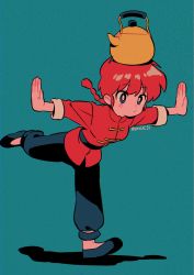 Rule 34 | 1girl, aqua background, blush stickers, braid, braided ponytail, breasts, closed mouth, full body, highres, kettle, medium breasts, menma (enaic31), ranma-chan, ranma 1/2, red hair, shadow, simple background, solo, standing, standing on one leg, twitter username