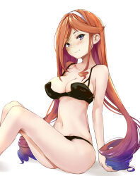 Rule 34 | 1girl, absurdres, ass, bare arms, bare legs, bare shoulders, bikini, black bikini, blush, breasts, cleavage, closed mouth, collarbone, feet out of frame, gradient hair, hairband, highres, kantai collection, large breasts, long hair, multicolored hair, orange hair, purple eyes, rizzl, simple background, smile, solo, swimsuit, underwear, underwear only, white background, white hairband, yuugure (kancolle)
