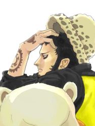 Rule 34 | 1boy, bear, bepo, black circles, black hair, earrings, facial hair, goatee, hand on own face, hat, heart pirates, hood, hoodie, jewelry, leaning, male focus, one piece, raglan sleeves, simple background, solo, tattoo, trafalgar law, white background