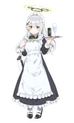 Rule 34 | 1girl, absurdres, alternate costume, apron, black dress, black footwear, blue archive, blush, can, closed mouth, cross hair ornament, cup, dress, enmaided, frilled apron, frilled dress, frills, full body, green eyes, grey hair, hair ornament, halo, hare (blue archive), heimu (heim kstr), high heels, highres, holding, holding tray, long hair, looking at viewer, maid, maid apron, maid headdress, monster energy, ponytail, simple background, socks, solo, tray, white apron, white background, white socks