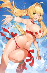 Rule 34 | 1girl, ;d, ahoge, anklet, bead bracelet, beads, bikini, blonde hair, blue sky, bracelet, breasts, cloud, day, fate/grand order, fate (series), green eyes, hair intakes, highres, horz, jewelry, large breasts, long hair, looking to the side, navel, nero claudius (fate), nero claudius (fate) (all), nero claudius (swimsuit caster) (fate), one eye closed, open mouth, outstretched arm, petals, sandals, side-tie bikini bottom, sky, smile, solo, striped bikini, striped clothes, swimsuit, twintails