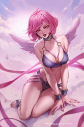 Rule 34 | 1girl, artist name, bikini, breasts, commission, cover image, eva solo, highres, lips, looking at viewer, medium breasts, original, pink eyes, pink hair, pink ribbon, purple bikini, red lips, ribbon, sandals, short hair, sitting, solo, swimsuit, toenails, toes, white wings, wings, wrist cuffs