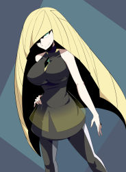 Rule 34 | 1girl, alternate breast size, bare arms, bare shoulders, black background, black dress, black leggings, blonde hair, blue background, breasts, closed mouth, commentary, corruption, covered collarbone, creatures (company), dark persona, dress, from above, game freak, gem, green eyes, hair over one eye, hand on own hip, high contrast, highres, large breasts, leggings, legs apart, long hair, looking at viewer, lusamine (pokemon), nintendo, pokemon, pokemon sm, shade, shaded face, shimure (460), short dress, sleeveless, sleeveless dress, smirk, solo, standing, very long hair