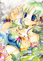 Rule 34 | 1990s (style), 1girl, blue eyes, blue hair, breasts, detached sleeves, final fantasy, final fantasy iv, green hair, jewelry, matching hair/eyes, rydia (ff4), solo