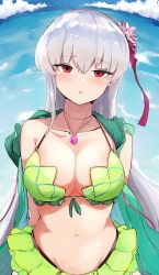 Rule 34 | 1girl, arms behind back, bare shoulders, beach, bikini, blue sky, blush, braid, braided ponytail, breasts, cleavage, collarbone, earrings, fate/grand order, fate (series), fisheye, flower, frills, green bikini, green vest, hair flower, hair ornament, hair ribbon, highres, hood, hooded vest, hoodie, jewelry, kama (fate), kama (swimsuit avenger) (fate), kama (swimsuit avenger) (second ascension) (fate), large breasts, long hair, looking at viewer, lotus, navel, necklace, ocean, open mouth, pendant, red eyes, ribbon, rippannjaku, silver hair, sky, solo, swimsuit, vest
