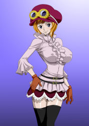 Rule 34 | 1girl, belt, black eyes, black legwear, blush, breasts, gloves, goggles, hand on own hip, hat, highres, koala (one piece), large breasts, legs, looking at viewer, nel-zel formula, one piece, orange hair, short hair, simple background, skirt, solo, standing, thighs