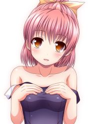 Rule 34 | 1girl, bare shoulders, blush, breasts, ki (kk-sk-ray), looking at viewer, medium breasts, one-piece swimsuit, original, purple hair, school swimsuit, simple background, smile, solo, strap slip, swimsuit, white background
