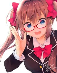 Rule 34 | 1girl, :d, black jacket, blazer, blue eyes, bow, bowtie, brown hair, collared shirt, commentary request, glasses, hair bow, highres, hime (peke (xoxopeke)), jacket, long hair, long sleeves, looking at viewer, open mouth, original, peke (xoxopeke), red-framed eyewear, red bow, red bowtie, school uniform, shirt, sidelocks, signature, simple background, smile, solo, twintails, twitter username, upper body, white background