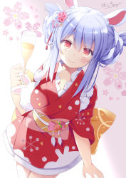Rule 34 | 1girl, absurdres, alcohol, animal ear fluff, animal ears, blue hair, braid, braided bun, champagne, champagne flute, closed mouth, commentary request, cup, drinking glass, hair bun, highres, holding, holding cup, hololive, hoshino koucha, japanese clothes, kimono, looking at viewer, multicolored hair, official alternate costume, rabbit ears, red eyes, red kimono, smile, solo, thick eyebrows, two-tone hair, usada pekora, usada pekora (new year), virtual youtuber, white hair