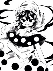 Rule 34 | 1girl, capelet, closed mouth, cowboy shot, doremy sweet, greyscale, hanokami, hat, high contrast, highres, looking at viewer, medium hair, monochrome, nightcap, pom pom (clothes), simple background, solo, standing, touhou, v-shaped eyebrows