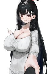 Rule 34 | 1girl, absurdres, black hair, blue archive, blush, breasts, cleavage, collarbone, covered navel, dress, hair ornament, hairclip, halo, highres, holding, huge breasts, long hair, long sleeves, looking at viewer, open mouth, poharo, red eyes, rio (blue archive), simple background, smile, solo, striped clothes, striped dress, vertical-striped clothes, vertical-striped dress, white background