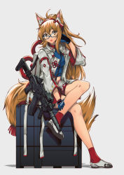 Rule 34 | 1girl, ak-74, ak-74u (girls&#039; frontline), ak-74u (lily of the valley) (girls&#039; frontline), aks-74u, animal ears, assault rifle, bare legs, blonde hair, blue gloves, blue shirt, brown eyes, commission, concept art, crossed legs, girls&#039; frontline, glasses, gloves, gun, hair ornament, hand on leg, hand on own head, headphones, highres, holding, holding weapon, jacket, kalashnikov rifle, long hair, looking at viewer, official alternate costume, open clothes, open jacket, open mouth, original, over shoulder, persocon93, pixiv commission, red legwear, rifle, shirt, sitting, solo, tail, weapon, weapon over shoulder, white background, white footwear, white jacket