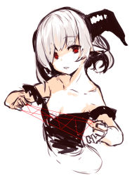 Rule 34 | 1girl, bare shoulders, black dress, cat&#039;s cradle, collarbone, dress, holding, horns, looking at viewer, off-shoulder dress, off shoulder, original, parted lips, pointy ears, red eyes, simple background, sketch, solo, white background, white hair, yuuji (yukimimi)