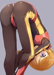 Rule 34 | 1girl, absurdres, ass, bent over, black bodysuit, blue background, blush, bodysuit, closed mouth, commentary request, flat chest, from behind, gloves, gundam, gundam zz, highres, looking at viewer, looking back, momo (higanbana and girl), orange hair, pilot suit, purple eyes, puru two, shiny clothes, short hair, simple background, skin tight, solo, standing