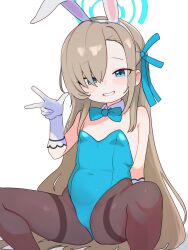 Rule 34 | 1girl, absurdres, aged down, animal ears, asuna (blue archive), asuna (bunny) (blue archive), bare shoulders, blue archive, blue bow, blue bowtie, blue eyes, blue halo, blue leotard, blue ribbon, bow, bowtie, breasts, brown hair, brown pantyhose, commentary, covered navel, detached collar, english commentary, fake animal ears, feet out of frame, gloves, grin, groin, hair ribbon, halo, highleg, highleg leotard, highres, leotard, lk149, long hair, looking at viewer, mole, mole on breast, pantyhose, playboy bunny, rabbit ears, ribbon, simple background, small breasts, smile, solo, spread legs, squatting, strapless, strapless leotard, teeth, thighband pantyhose, very long hair, w, white background, white gloves