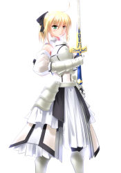 Rule 34 | 1girl, ahoge, armor, armored dress, artoria pendragon (fate), blonde hair, caliburn (fate), capcom, dress, fate/stay night, fate/unlimited codes, fate (series), green eyes, koba (pixiv245395), ponytail, ribbon, saber (fate), saber lily, serious, solo, sword, weapon