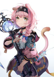 Rule 34 | 1girl, animal ears, arknights, blue bow, bow, braid, brown eyes, cat ears, cat girl, cat tail, closed mouth, commentary request, frilled skirt, frills, goldenglow (arknights), hair bow, hair over shoulder, highres, holding, holding staff, jacket, lightning bolt symbol, open clothes, open jacket, orb, puffy short sleeves, puffy sleeves, purple jacket, purple skirt, shirt, short sleeves, simple background, single braid, skirt, solo, staff, tail, white background, white shirt, yowamushi