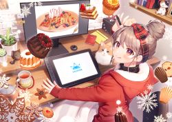 Rule 34 | 1girl, :q, animal, black gloves, blanket, blush, book, bow, brown hair, cat, closed mouth, cup, cupcake, desk, drawing tablet, food, fruit, fur-trimmed jacket, fur trim, gloves, hair bow, hair bun, holding, holding stylus, hood, hood down, hooded jacket, indoors, jacket, long sleeves, looking at viewer, looking back, momoshiki tsubaki, monitor, original, partially fingerless gloves, plaid, plaid bow, plant, potted plant, red bow, red eyes, red jacket, scissors, short hair, single hair bun, sitting, sleeves past wrists, smile, snowflakes, solo, strawberry, stylus, tea, teacup, teapot, tongue, tongue out