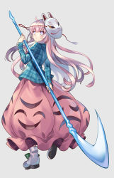Rule 34 | 1girl, ahoge, blue shirt, boots, commentary request, from behind, full body, grey background, hand up, hata no kokoro, highres, holding, holding polearm, holding spear, holding weapon, kapuchii, long hair, long sleeves, looking at viewer, looking back, mask, mask on head, pink hair, pink skirt, plaid, plaid shirt, polearm, purple eyes, shirt, simple background, skirt, solo, spear, touhou, very long hair, weapon, white footwear