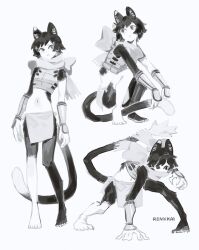 Rule 34 | 1girl, animal ears, cat ears, cat girl, cat tail, commentary, covering own mouth, dungeon meshi, full body, greyscale, izutsumi, looking to the side, midriff, monochrome, multiple views, navel, pelvic curtain, renkkai, short hair, simple background, sleeveless, squatting, standing, tail