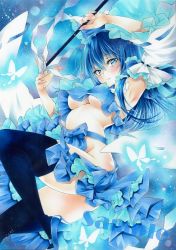 Rule 34 | 1girl, alternate color, arim0k0, armpits, ascot, black thighhighs, blue ascot, blue background, blue bow, blue eyes, blue footwear, blue hair, blue shirt, blue skirt, blue theme, bow, breasts, bug, butterfly, closed mouth, detached sleeves, gohei, groin, hair bow, hakurei reimu, high heels, highres, holding, insect, large breasts, long hair, looking at viewer, ribbon-trimmed sleeves, ribbon trim, sample watermark, shirt, sidelocks, skirt, smile, solo, thighhighs, touhou, traditional media, underboob, watermark, wide sleeves