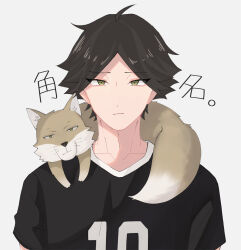 Rule 34 | 1boy, ahoge, animal, animal on shoulder, black hair, closed mouth, commentary request, expressionless, eyes visible through hair, fox, green eyes, haikyuu!!, highres, looking at viewer, male focus, mayon 1823, shirt, short hair, short sleeves, simple background, solo, sportswear, suna rintarou, tibetan sand fox, upper body, volleyball uniform