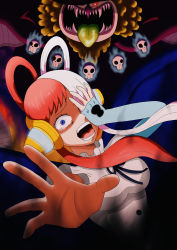 Rule 34 | 1girl, 1other, absurdres, angel wings, artist request, black wings, breasts, corruption, crazy eyes, creature, darkness, dress, fangs, fingernails, grin, headphones, highres, long hair, looking at viewer, multicolored hair, one piece, one piece film: red, red hair, sharp teeth, shiny skin, smile, tears, teeth, tot musica (one piece), two-tone hair, uta (one piece), very long hair, white dress, wings