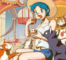 Rule 34 | 1girl, ajiyumi, amusement park, blue hair, cat, denim, denim shorts, eating, food, hat, ice cream, original, short hair, shorts, straw hat