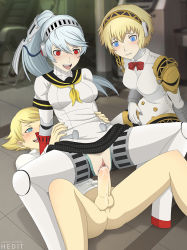 Rule 34 | 1boy, 2girls, aegis (persona), android, blonde hair, blue eyes, blue hair, blush, breasts, clothed sex, cum, girl on top, grabbing, hetero, joints, kuma (persona 4), labrys (persona), long hair, multiple girls, open mouth, persona, persona 3, persona 4, persona 4: the ultimate in mayonaka arena, pleated skirt, ponytail, red eyes, reverse cowgirl position, robot joints, school uniform, sex, sex from behind, skirt, smile, straddling, uncensored, vaginal