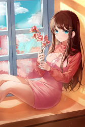 Rule 34 | 1girl, absurdres, blue eyes, blue nails, blush, brown hair, closed mouth, dress, flower, hair ornament, highres, holding, long hair, long sleeves, nail polish, original, pink dress, pink flower, ron me s2, short dress, shrug (clothing), sitting in window, smile, solo, very long hair