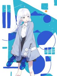 Rule 34 | 1girl, braid, collared shirt, grey eyes, highres, holding, holding shoes, jacket, long hair, long sleeves, looking to the side, open mouth, original, rb2, shirt, shoes, skirt, sleeves past wrists, solo, twin braids, white hair, white shirt