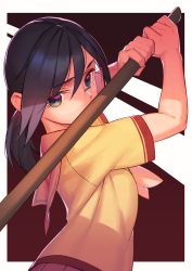 Rule 34 | 1girl, arms up, black eyes, black hair, blue eyes, commentary request, from side, glasses, gokujou seitokai, hair between eyes, hida sayuri, holding, holding weapon, long hair, looking at viewer, neckerchief, pleated skirt, ponytail, red background, rotix, short sleeves, skirt, solo, sword, two-tone background, upper body, weapon, white background, wooden sword