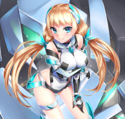 Rule 34 | 1girl, angela balzac, bare shoulders, blonde hair, blue eyes, blush, breast hold, breasts, covered navel, cowboy shot, doyouwantto, elbow gloves, female focus, gloves, headgear, large breasts, leaning forward, leotard, long hair, looking at viewer, low twintails, rakuen tsuihou, smile, solo, thigh strap, twintails, very long hair