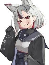 Rule 34 | 1girl, animal ear fluff, animal ears, black sailor collar, black skirt, braid, braided bangs, breasts, commentary request, earrings, grey hair, hand up, head tilt, highres, indie virtual youtuber, jewelry, long sleeves, mitamaya hozuki, multicolored hair, official art, open clothes, pinching sleeves, pleated skirt, red eyes, red hair, sailor collar, seramikku, shirt, simple background, skirt, sleeves past wrists, small breasts, solo, two-tone hair, virtual youtuber, white background, white shirt, wide sleeves