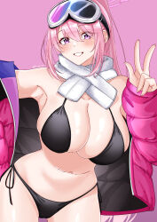 Rule 34 | 1girl, absurdres, bikini, black bikini, blue archive, blush, breasts, cleavage, eimi (blue archive), eimi (swimsuit) (blue archive), goggles, goggles on head, halo, highres, jacket, jacket partially removed, large breasts, looking at viewer, navel, official alternate costume, padded jacket, pink background, pink eyes, pink hair, ponytail, rynn (darknescorez), scarf, side-tie bikini bottom, sidelocks, simple background, ski goggles, smile, solo, stomach, swimsuit, twitter username, w, white scarf