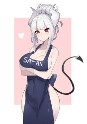 Rule 34 | 1girl, apron, bad id, bad twitter id, blush, breasts, clothes writing, demon girl, demon horns, demon tail, heart, helltaker, highres, horns, large breasts, long hair, looking at viewer, lucifer (helltaker), luse maonang, mole, mole under eye, naked apron, red eyes, simple background, solo, tail, white hair, white horns