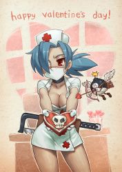 Rule 34 | + +, 1girl, blue hair, blush, bomb, box, breasts, choker, cleavage, cross, cupid, dress, explosive, gift, gift box, hacksaw, hat, heart, lab zero games, mask, mouth mask, name connection, nurse, nurse cap, official art, red cross, red eyes, saw, short dress, skull, skullgirls, solo, speh, surgical mask, valentine, valentine (skullgirls), weapon