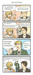 Rule 34 | 1girl, 2boys, armlet, blonde hair, brown hair, collared shirt, dripping, english text, closed eyes, flying sweatdrops, green eyes, harry mason, heather mason, holding, jacket, james sunderland, looking back, multiple boys, newspaper, nfyz, open clothes, open jacket, shirt, short hair, silent hill, silent hill (series), silent hill 2, silent hill 3, speech bubble, upper body, vest, watch, water, wet, wristwatch