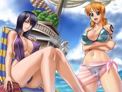 Rule 34 | 2girls, bangle, bikini, blue hair, blush, book, bracelet, breasts, cameltoe, camouflage, camouflage bikini, chair, cleavage, covered erect nipples, day, going merry, grey eyes, jewelry, kagami hirotaka, large breasts, log pose, lounge chair, multiple girls, nami (one piece), navel, nico robin, one piece, open mouth, orange hair, sarong, see-through, see-through sarong, ship, smile, swimsuit, tattoo, thighs, twintails, watercraft, yellow eyes
