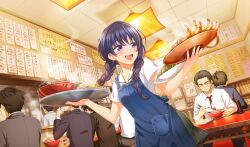 Rule 34 | 1girl, 6+boys, :d, apron, belt, black jacket, blue apron, blue hair, blush, braid, brown belt, ceiling, chinese food, chopsticks, cinderella series, cup, dutch angle, facing to the side, food, fried rice, game cg, grey pants, grey skirt, hachigatsu no cinderella nine, highres, holding, holding chopsticks, holding cup, holding plate, holding tray, indoors, jacket, kondou saki, long hair, low twin braids, menu board, multiple boys, necktie, non-web source, noodles, official art, open mouth, pants, plaid clothes, plaid skirt, plate, pleated skirt, purple eyes, ramen, red necktie, restaurant, sailor collar, school uniform, serafuku, shirt, short sleeves, skirt, smile, sweat, tile ceiling, tiles, tray, twin braids, white sailor collar, white shirt