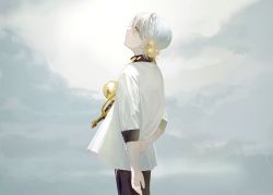 Rule 34 | 1boy, arms behind back, asa no ha (pattern), bell, black pants, braid, cloud, cloudy sky, commentary, cowboy shot, crown braid, from behind, grey sky, hair bell, hair ornament, head tilt, highres, holding own arm, iori yuzuru, kakine, looking at viewer, looking back, male focus, neck bell, necktie, outdoors, overcast, pants, shirt, sky, solo, standing, voiceroid, white hair, white shirt, yellow eyes, yellow necktie