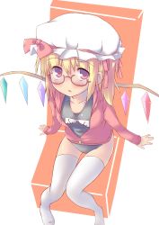 Rule 34 | 1girl, absurdres, alternate costume, bespectacled, blonde hair, blush, breasts, chair, collarbone, dress, female focus, flandre scarlet, from above, glasses, hat, hat ribbon, highres, jacket, jacket over swimsuit, looking at viewer, medium breasts, mob cap, no shoes, one-piece swimsuit, open mouth, red-framed eyewear, red eyes, ribbon, school swimsuit, shinrutyu, side ponytail, sitting, solo, spirytus tarou, swimsuit, swimsuit under clothes, thighhighs, touhou, white dress, wings