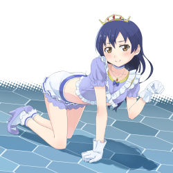 Rule 34 | 1girl, all fours, blue dress, blue hair, blush, choker, commentary request, dress, frills, getsumen, gloves, hair between eyes, jewelry, long hair, looking at viewer, love live!, love live! school idol project, music s.t.a.r.t!!, paw pose, ribbon, simple background, skirt, smile, solo, sonoda umi, tiara, white gloves, yellow eyes