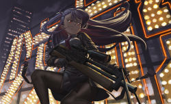 Rule 34 | 1girl, bipod, black pantyhose, black skirt, blazer, blush, breasts, building, bullpup, city lights, closed mouth, commentary, floating hair, framed breasts, girls&#039; frontline, gloves, gun, hair ribbon, half updo, high-waist skirt, hironii (hirofactory), holding, holding gun, holding weapon, jacket, large breasts, long hair, long sleeves, looking away, necktie, night, on one knee, one side up, outdoors, pantyhose, pelvic curtain, purple hair, red eyes, red necktie, ribbon, rifle, rooftop, scenery, scope, shirt, sign, skirt, smile, sniper rifle, solo, strap, striped clothes, striped shirt, very long hair, wa2000 (girls&#039; frontline), walther, walther wa 2000, weapon, white shirt, wind